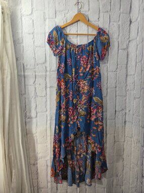 Honey Belle Large Blue Floral Shortsleeve High-low Ruffle Hem Long Summer Dress